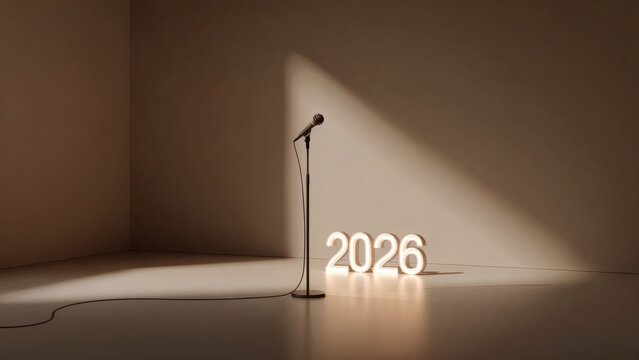 Stage spotlight on 2026 sign and microphone in minimal scene