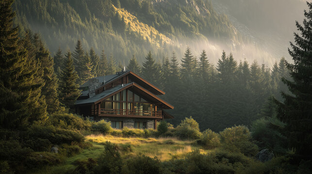 A chalet nestled among tall pine trees on a hillside with a misty mountain in the background view - Powered by Adobe
