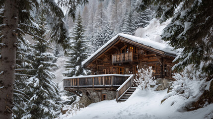 A wooden chalet with snow covered roof and balconies nestled in a snowy forest during winter time
