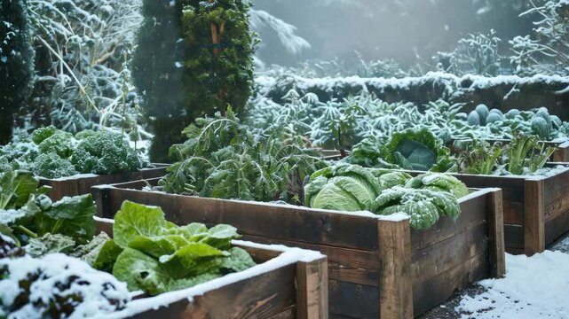 A snowy vegetable garden with wooden beds and snow falling