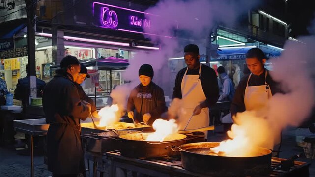 Diverse team of chefs preparing delicious street food at a bustling night market with vibrant