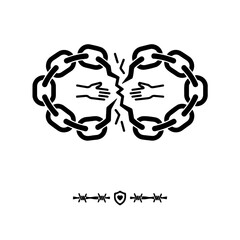 black and white icon featuring a chain made of interlocking human figures, shown either slightly broken or in the process of being reconnected
