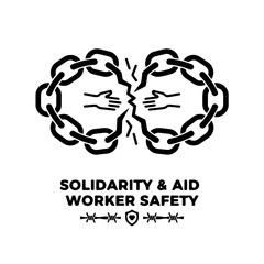 black and white icon featuring a chain made of interlocking human figures, shown either slightly broken or in the process of being reconnected