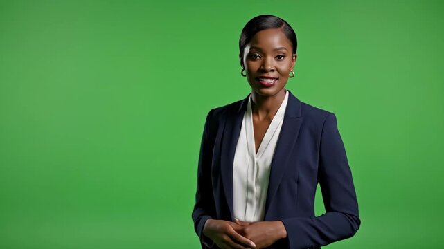 Elegant african american businesswoman presenting on green screen with professional attire and confident expression for corporate presentation or news broadcast at studio