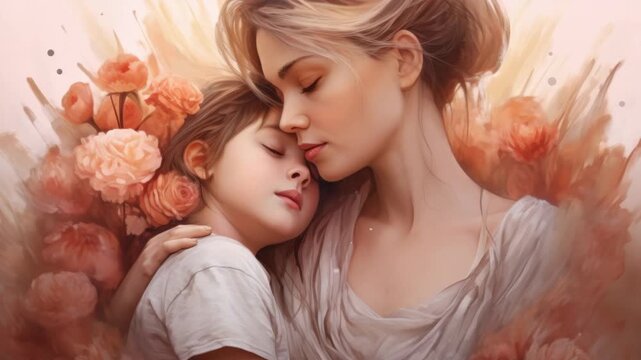 A tender moment between a mother and child is captured in this artistic portrait featuring roses and warm colors.