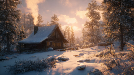 A cozy log cabin nestled in a snow covered forest with smoke rising from the chimney at sunset time