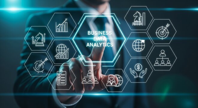 Businessperson Touching BUSINESS DATA ANALYTICS Hologram with Bar Chart and Globe Icons — Corporate Data