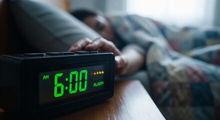 Close-Up Digital Alarm Clock Showing 600 with Hand Reaching to Snooze beside Sleeping Person