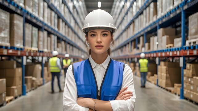 Confident Female Warehouse Manager in Safety Gear Leading Logistics Team in Modern Distribution Center