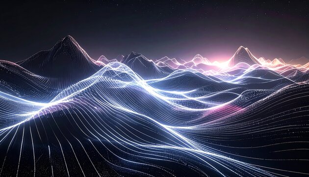Glowing data waves flow across a landscape beneath a star-filled sky, suggesting digital connectivity