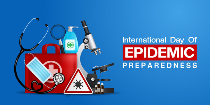 International Day Of Epidemic Preparedness. Mask, virus, medicine, microscope and more. Great for cards, banners, posters, social media and more. Blue background.