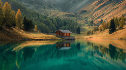 A serene lake reflects a cozy cabin nestled amidst forested hills in a scenic landscape view