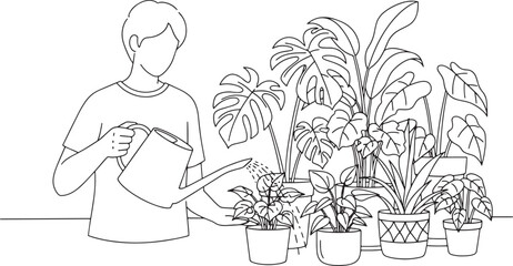 Person Watering Houseplants Line Art Illustration