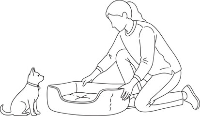 Pet Owner Preparing Cozy Dog Bed for Puppy Line Art Illustration