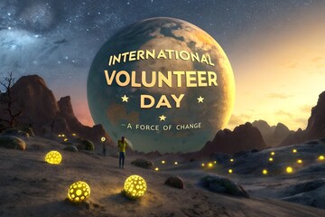 "Surreal Landscape Celebrating International Volunteer Day with Cosmic Elements and Inspirational Message"