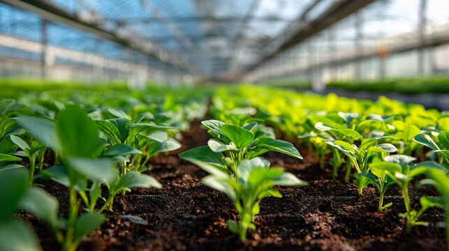 Fresh green seedlings growing in neat rows inside modern greenhouse ready for transplanting and organic sustainable farming practices