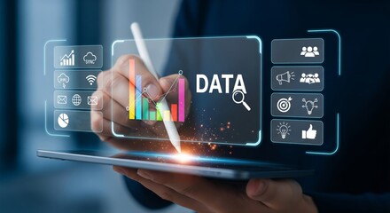 Data Dashboard Hologram — Tablet HUD with Bar Chart, Line Graph and Magnifying Glass