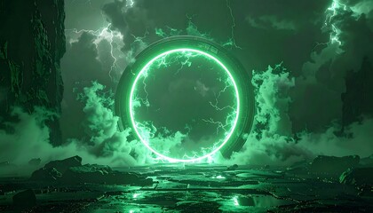 Glowing green portal amidst rocks, lightning, & clouds. Eerie, surreal, and otherworldly landscape with strong visual impact