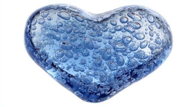 Transparent blue heart-shaped gel with air bubbles isolated on white background for valentine’s day romantic designs and love-themed graphics