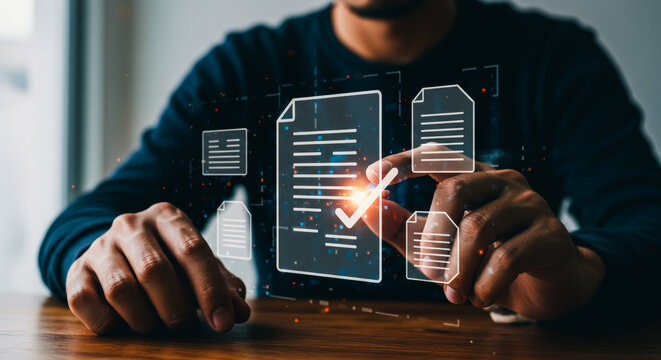 An individual interacts with a digital document, showcasing the future of data management and secure online verification. The image represents the innovation in data security.