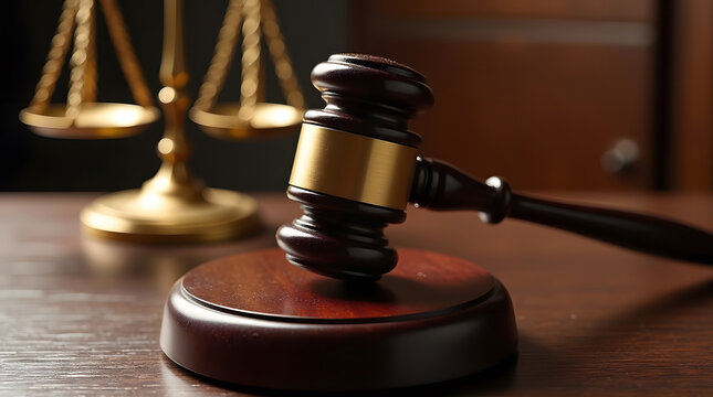 A close-up shot of a judge's gavel resting on a wooden sound block, with a blurred brass scale of justice in the background.