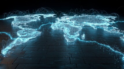 Global data network visualization connecting the world on a futuristic textured surface, digital technology innovation, global connectivity concept