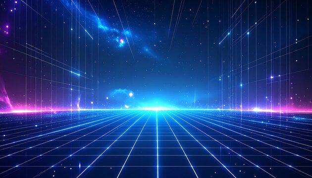 Glowing grid stretches to horizon under a starry, cosmic sky, framed by nebulous pink and blue light