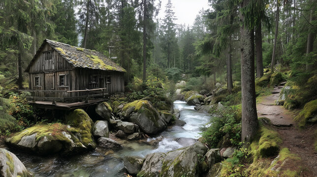 A rustic wooden cabin sits beside a flowing river in a lush green forest with a hiking trail nearby