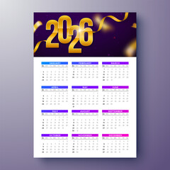 2026 Printable Calendar Design Template with Number Symbol and Whole Annual Monthly Typography on White Background for New Year. Schedule Planner Illustration for Wall Poster, Card Calendar