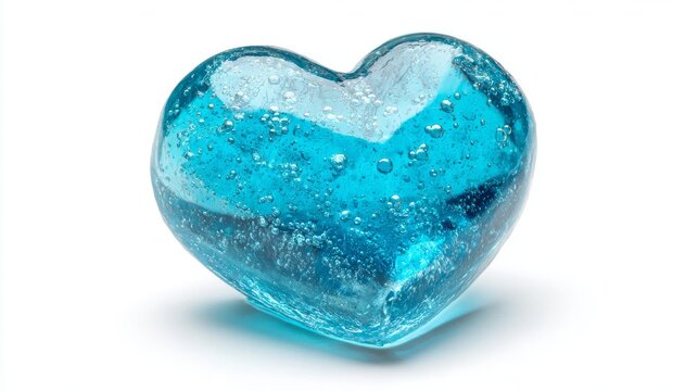 Transparent blue heart-shaped gel with air bubbles isolated on white background for valentine’s day romantic designs and love-themed graphics