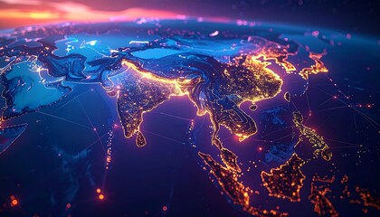 Obraz premium Glowing map of Asia. Dark blue oceans surround illuminated landmasses, resembling city lights, with a dreamy, ethereal glow