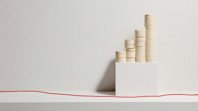 Stacked coins and red line graph with shadow on white background
