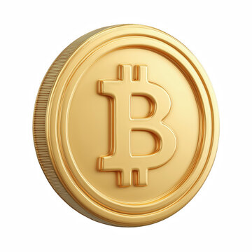 Gold Bitcoin coin with raised symbol isolated on transparent background