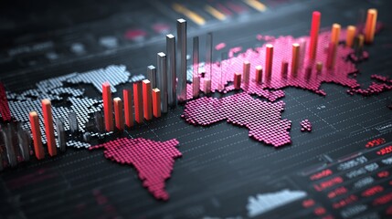 Dynamic world map with rising bar charts showcasing global market trends and financial growth potential for modern data-driven business strategies