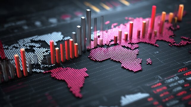 Dynamic world map with rising bar charts showcasing global market trends and financial growth potential for modern data-driven business strategies