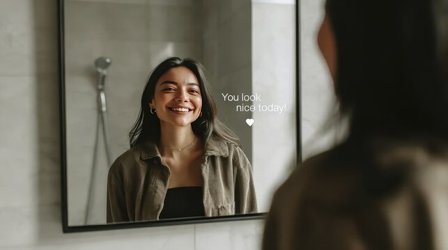 Confident woman smiling at her reflection in a bathroom mirror with positive message - Powered by Adobe
