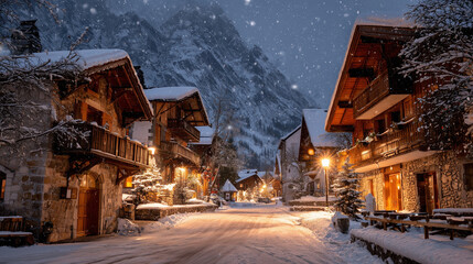 A snowy village street at night with chalets lit up and mountains in the background during snowfall