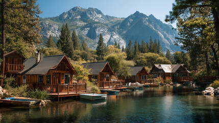 A scenic view of wooden cabins on a lake surrounded by trees and mountains in the background scene