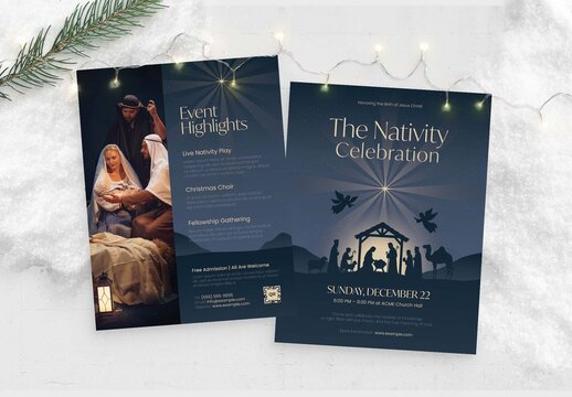 Christmas Nativity Play Flyer & Poster Template with Illustration of Jesus in the Manger, Mary, Joseph & Three Wise Men