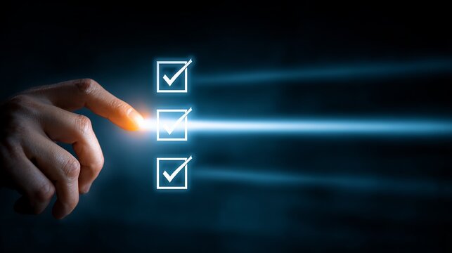 Complete tasks with ease using a checklist, hand marking digital boxes in a futuristic vibrant interface for a streamlined workflow