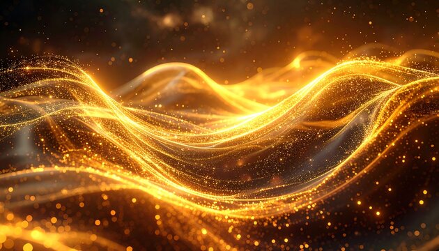 Glowing, undulating golden lines create a dynamic, abstract landscape against a dark background with bokeh effects