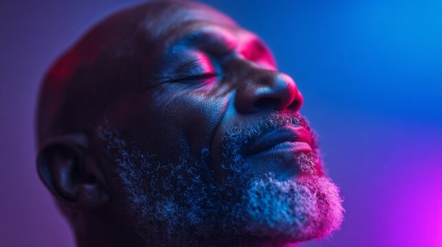 Mature man finding inner peace in a stunning blue and pink light, showcasing mindfulness and relaxation for wellness promotions