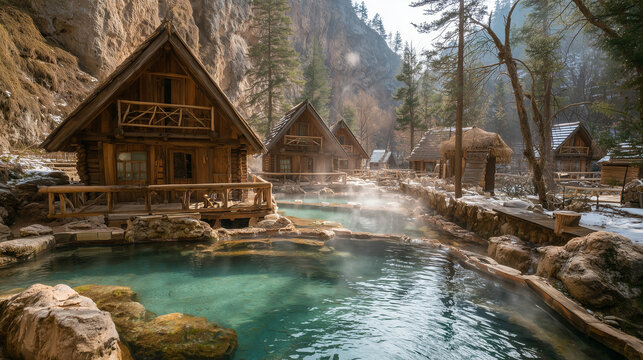Rustic wooden cabins surround turquoise thermal pools nestled in a mountainous forest landscape view