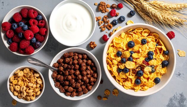 Overhead view of assorted cereals, berries, yogurt, and wheat stalks arranged on a gray surface in white bowls