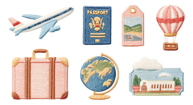 Vintage Travel and Aviation Embroidery Elements on Transparent Background