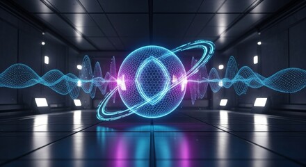 Futuristic sci-fi interior with glowing digital data sphere, abstract energy waves, and modern high-tech elements.