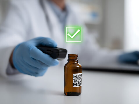 Pharmacist scanning prescription bottle with QR code verification for safety and accuracy, ensuring quality control in modern pharmaceutical environment