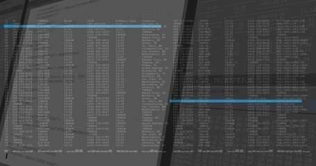 Displaying two angled computer monitors showing terminal tabular text at desk, with blue bars