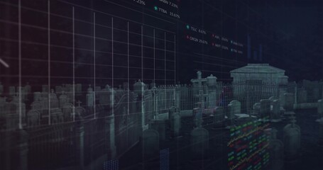 Showing cemetery with tombstones, ornate iron fence and mausoleum at night, with market overlays
