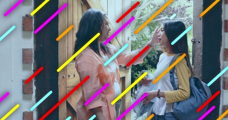 Standing daughter wearing backpack at wooden doorway, mother touching forehead amid graphic overlay